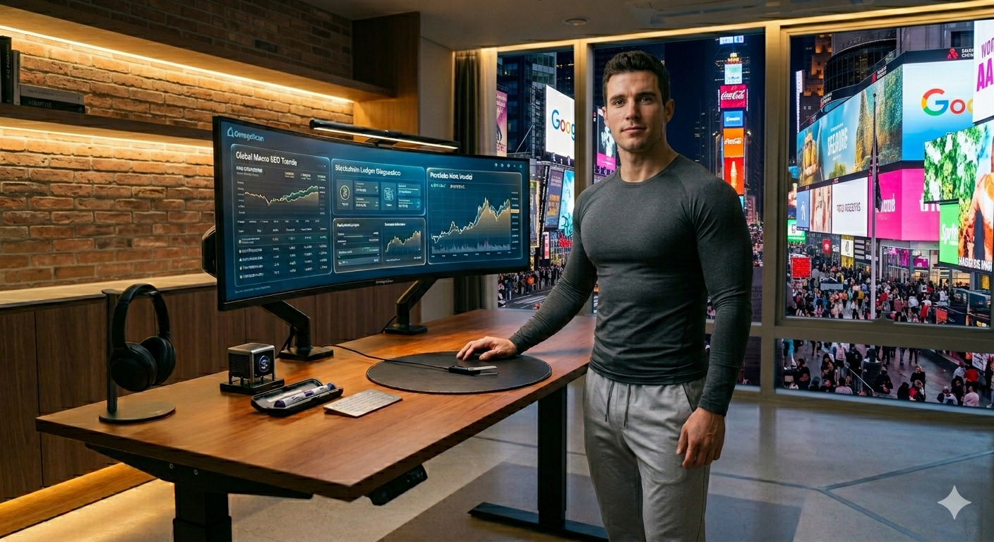 A high-resolution, photorealistic candid photo capturing the male Korean-Asian professional in his late 20s, with a powerful physique, standing confidently at a sleek electric standing desk in a modern, light-filled Seoul high-rise apartment at sunset. A 49-inch ultrawide curved monitor replaces the previous setup, displaying complex, semi-transparent windows like 'Global Macro SEO Trends', 'Blockchain Ledger Diagnostics', and 'Portfolio Risk Model' with ETH/BTC charts. He wears a Garmin Fenix 8 smartwatch with an 'HRV' and 'Stress' data screen, and a 'CGM' patch on his bicep. On the desk, a Ledger Nano X2 (advanced model) hardware wallet is connected via an ultra-slim fiber optic cable, next to a detailed Saber crypto node model and a physical, brushed titanium seed plate, emphasizing the 'Hardware Wallet' and 'Productivity Setup'. No text or logos. Taken at a 21:9 aspect ratio with natural film grain.