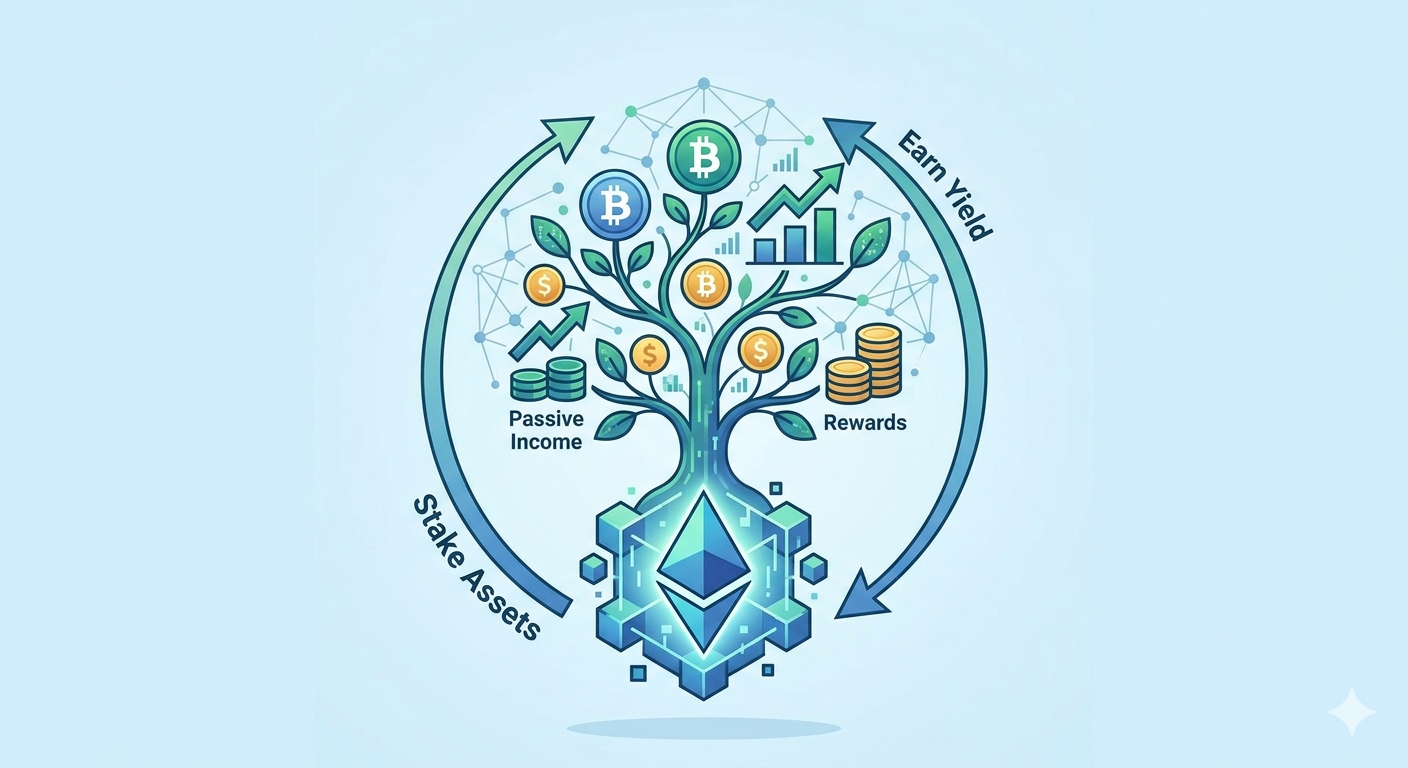 Conceptual illustration showing the growth of assets through crypto staking for passive income.